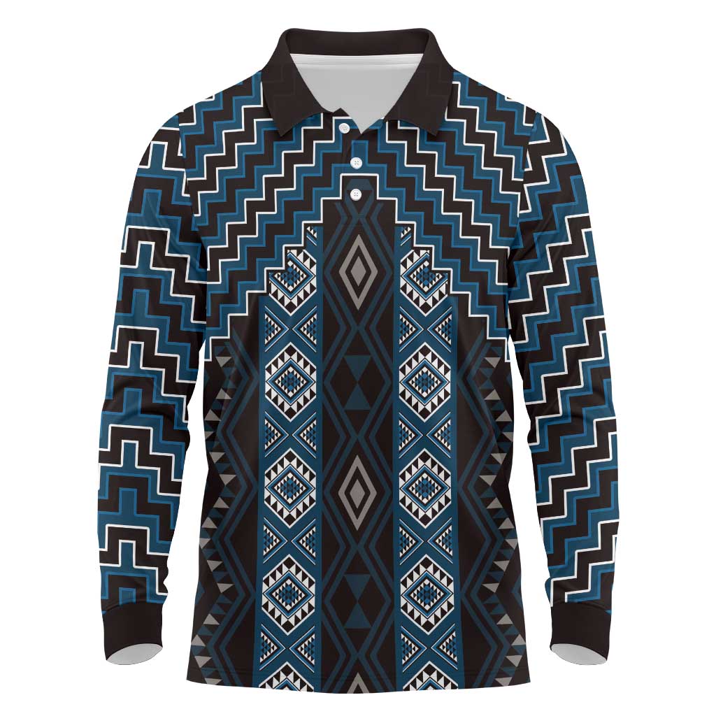New Zealand Aotearoa Long Sleeve Polo Shirt Blue Poutama With Taniko Pattern LT05 Blue - Polynesian Pride