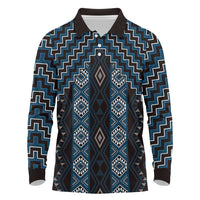 New Zealand Aotearoa Long Sleeve Polo Shirt Blue Poutama With Taniko Pattern LT05 Blue - Polynesian Pride