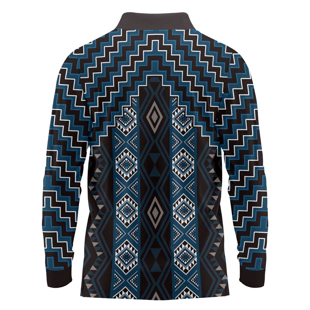 New Zealand Aotearoa Long Sleeve Polo Shirt Blue Poutama With Taniko Pattern LT05 - Polynesian Pride