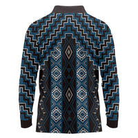 New Zealand Aotearoa Long Sleeve Polo Shirt Blue Poutama With Taniko Pattern LT05 - Polynesian Pride