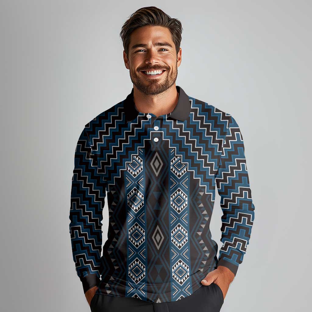 New Zealand Aotearoa Long Sleeve Polo Shirt Blue Poutama With Taniko Pattern LT05 - Polynesian Pride