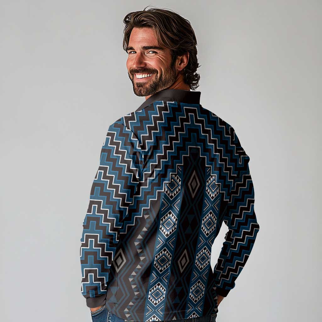 New Zealand Aotearoa Long Sleeve Polo Shirt Blue Poutama With Taniko Pattern LT05 - Polynesian Pride