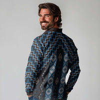 New Zealand Aotearoa Long Sleeve Polo Shirt Blue Poutama With Taniko Pattern LT05 - Polynesian Pride
