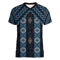 New Zealand Aotearoa Women V-Neck T-Shirt Blue Poutama With Taniko Pattern LT05 Female Blue - Polynesian Pride