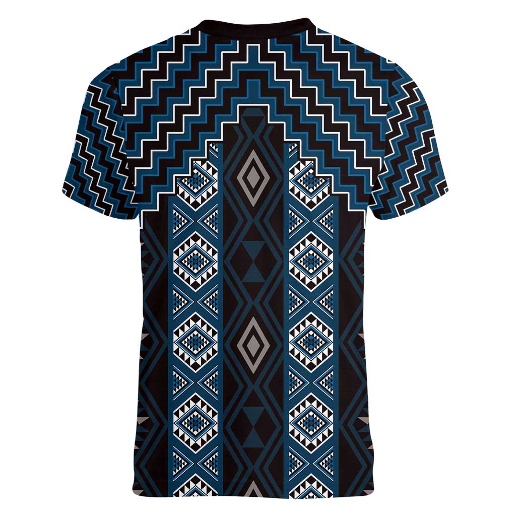New Zealand Aotearoa Women V-Neck T-Shirt Blue Poutama With Taniko Pattern LT05 - Polynesian Pride