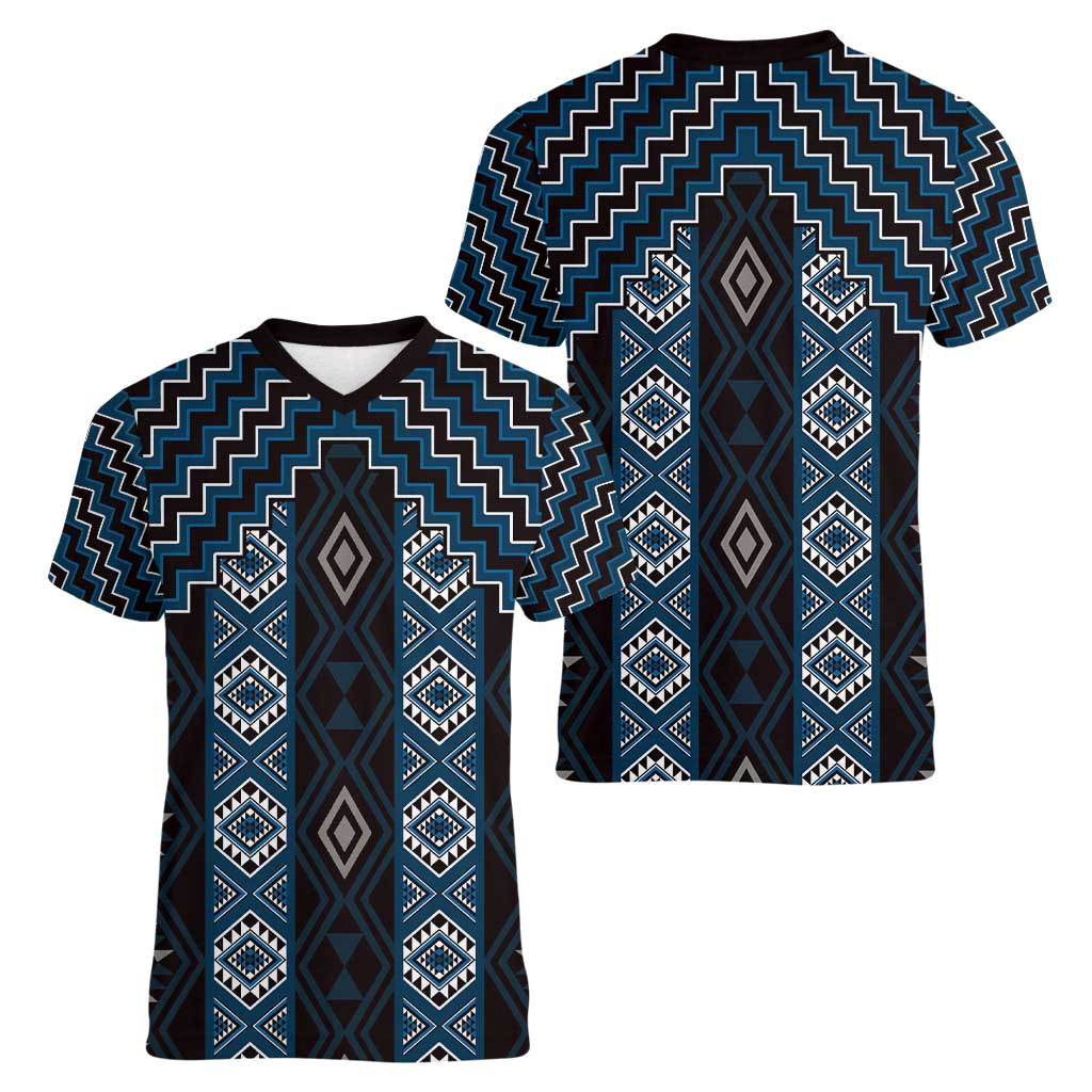 New Zealand Aotearoa Women V-Neck T-Shirt Blue Poutama With Taniko Pattern LT05 - Polynesian Pride
