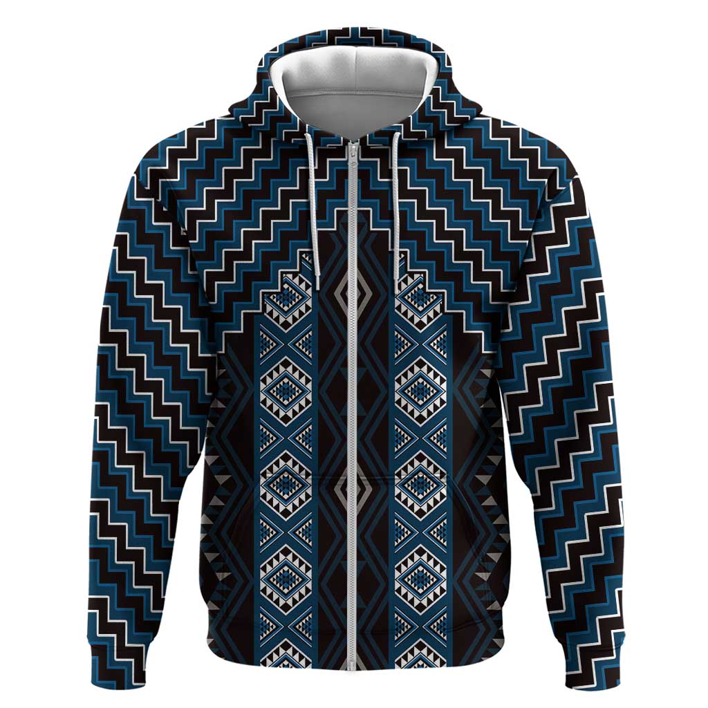 New Zealand Aotearoa Zip Hoodie Blue Poutama With Taniko Pattern LT05