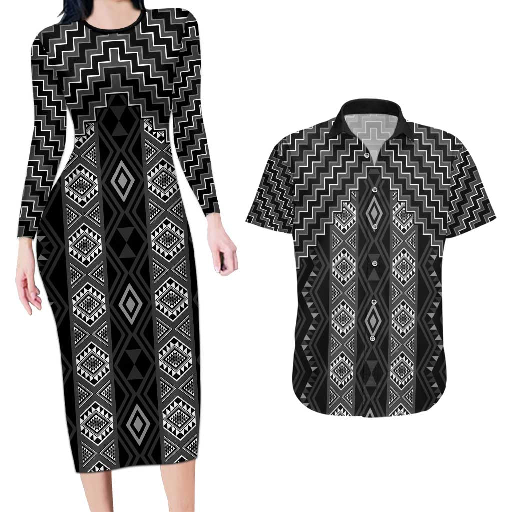 New Zealand Aotearoa Couples Matching Long Sleeve Bodycon Dress and Hawaiian Shirt Black Poutama With Taniko Pattern LT05 Black - Polynesian Pride