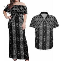 New Zealand Aotearoa Couples Matching Off Shoulder Maxi Dress and Hawaiian Shirt Black Poutama With Taniko Pattern LT05 Black - Polynesian Pride