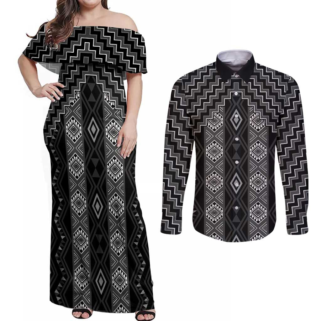 New Zealand Aotearoa Couples Matching Off Shoulder Maxi Dress and Long Sleeve Button Shirt Black Poutama With Taniko Pattern LT05