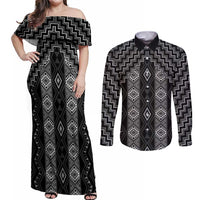 New Zealand Aotearoa Couples Matching Off Shoulder Maxi Dress and Long Sleeve Button Shirt Black Poutama With Taniko Pattern LT05