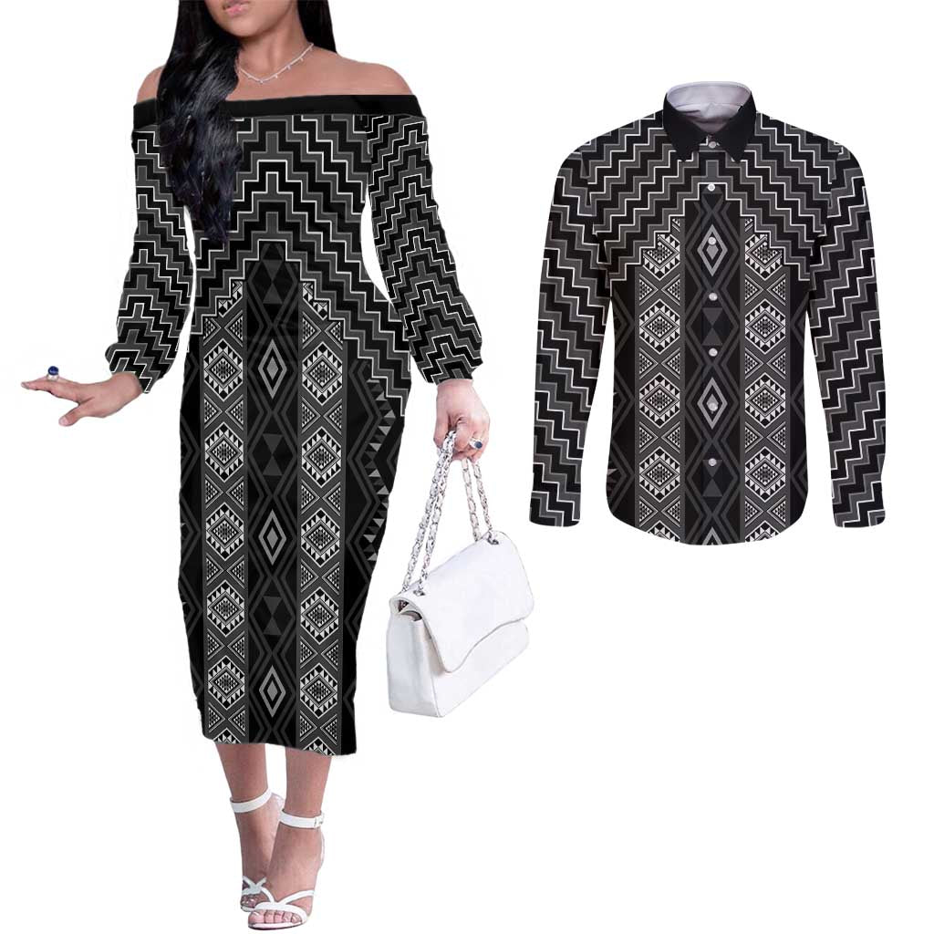 New Zealand Aotearoa Couples Matching Off The Shoulder Long Sleeve Dress and Long Sleeve Button Shirt Black Poutama With Taniko Pattern LT05