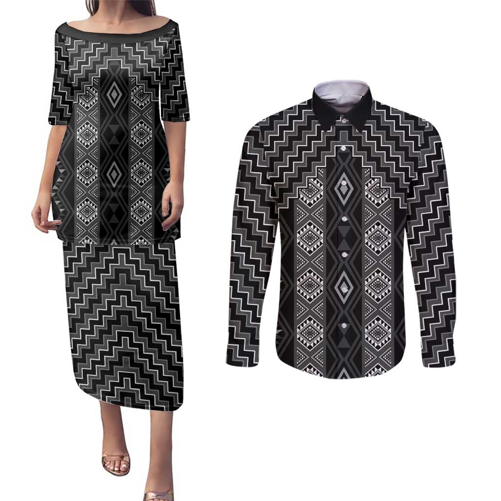 New Zealand Aotearoa Couples Matching Puletasi and Long Sleeve Button Shirt Black Poutama With Taniko Pattern LT05