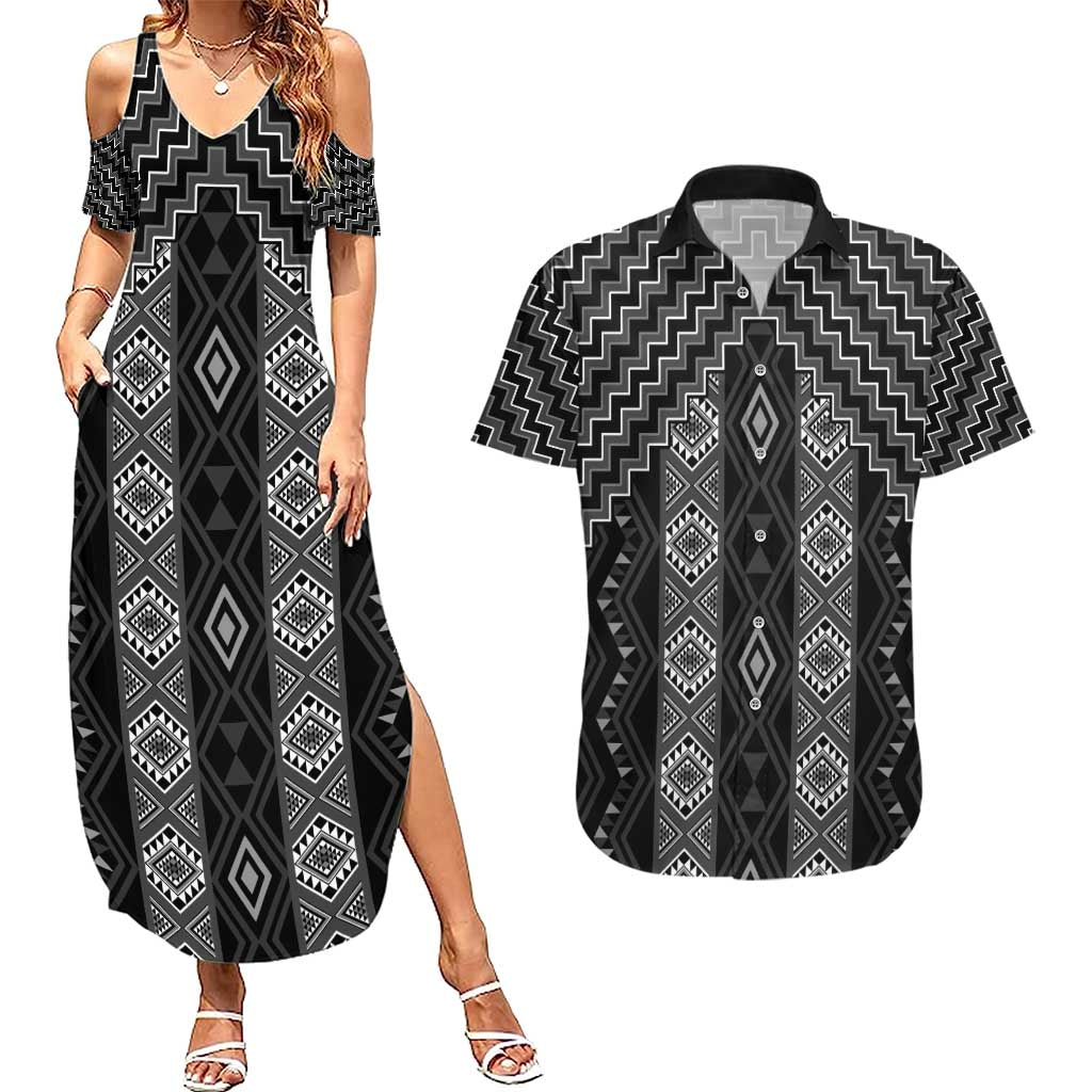 New Zealand Aotearoa Couples Matching Summer Maxi Dress and Hawaiian Shirt Black Poutama With Taniko Pattern LT05