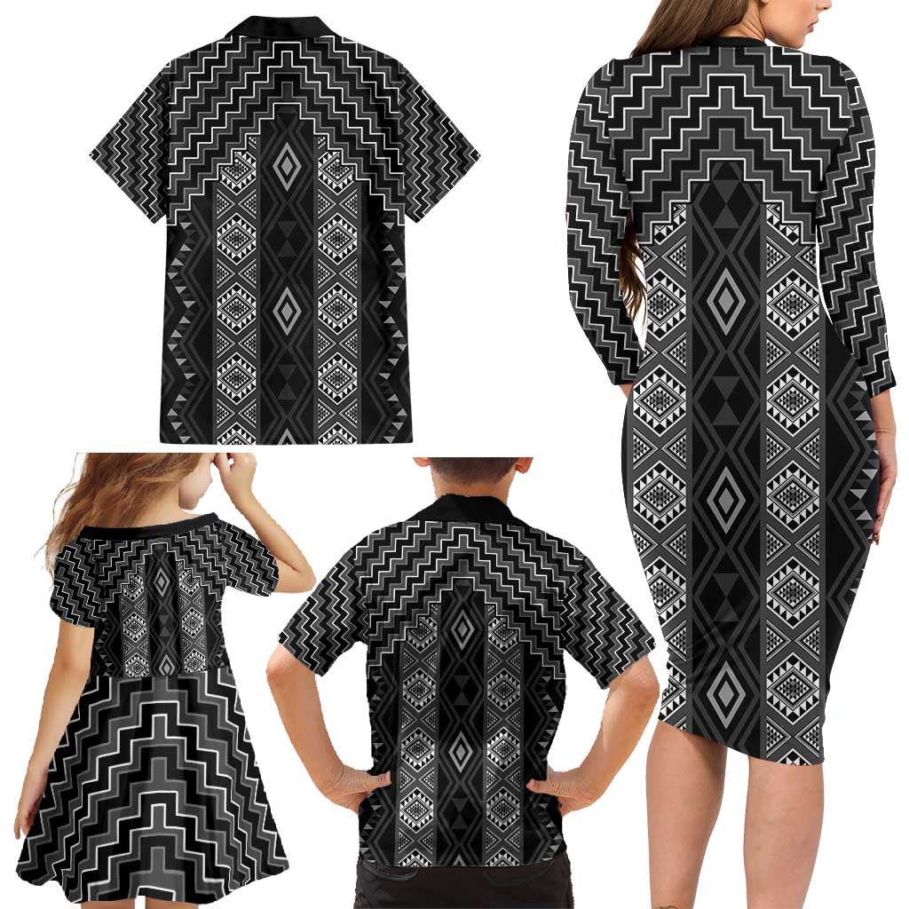 New Zealand Aotearoa Family Matching Long Sleeve Bodycon Dress and Hawaiian Shirt Black Poutama With Taniko Pattern LT05 - Polynesian Pride