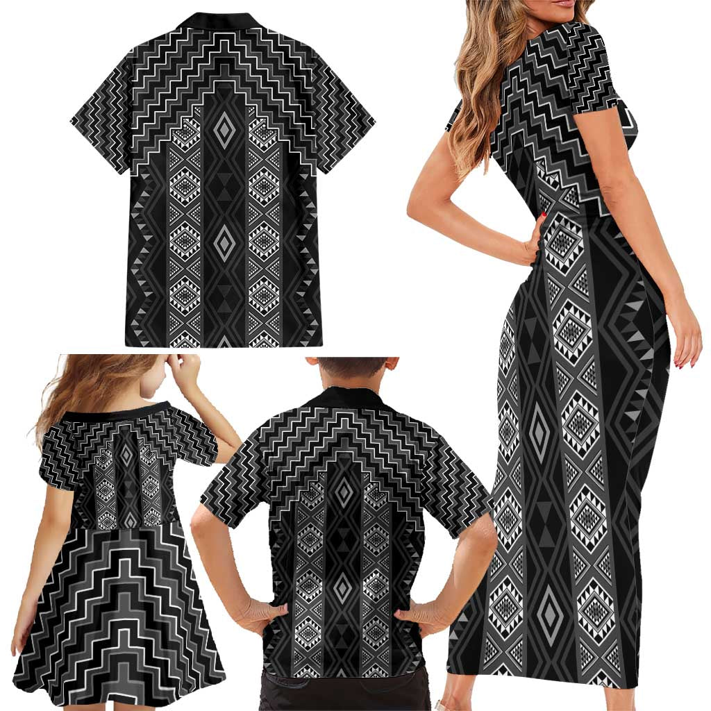 New Zealand Aotearoa Family Matching Short Sleeve Bodycon Dress and Hawaiian Shirt Black Poutama With Taniko Pattern LT05 - Polynesian Pride