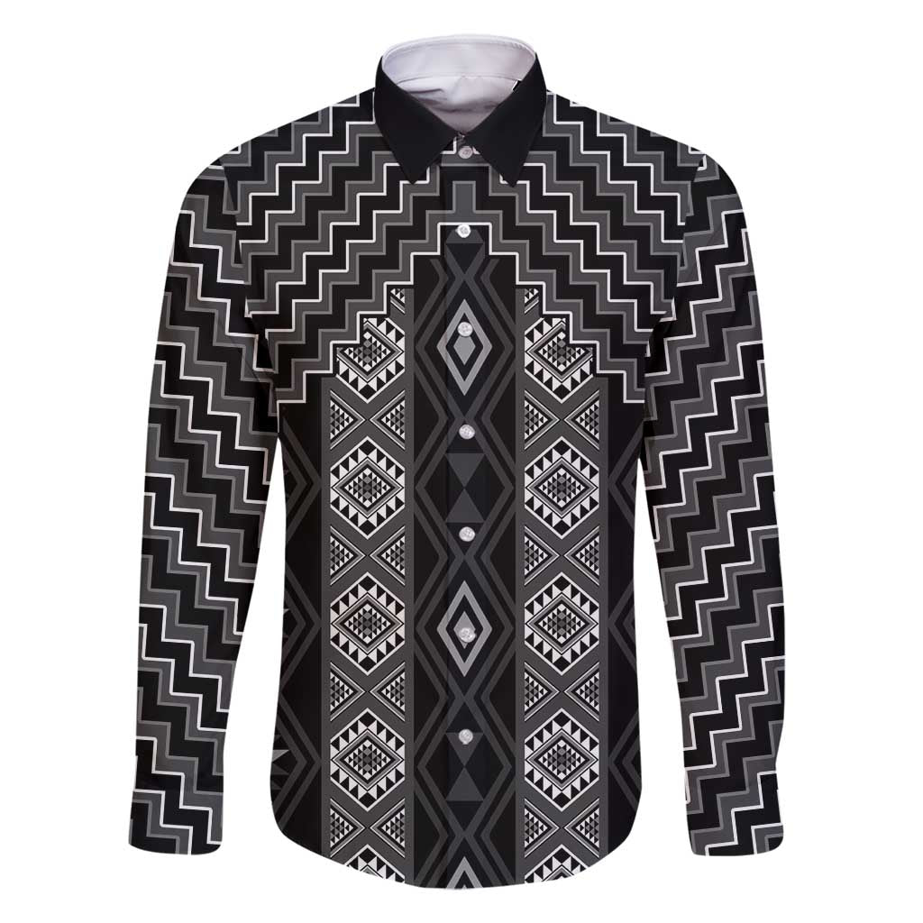 New Zealand Aotearoa Family Matching Tank Maxi Dress and Hawaiian Shirt Black Poutama With Taniko Pattern LT05 Dad's Shirt - Long Sleeve Black - Polynesian Pride