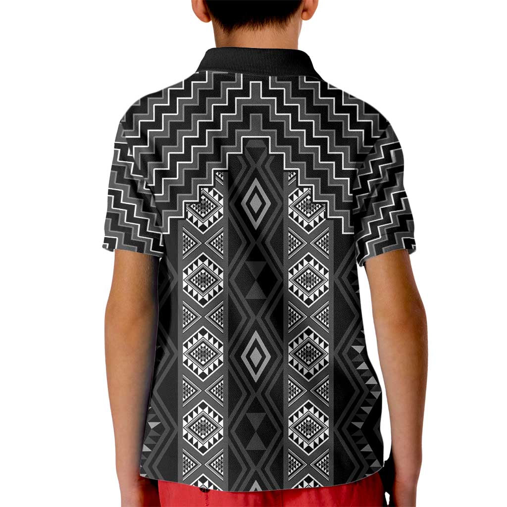 New Zealand Aotearoa Kid Polo Shirt Black Poutama With Taniko Pattern LT05
