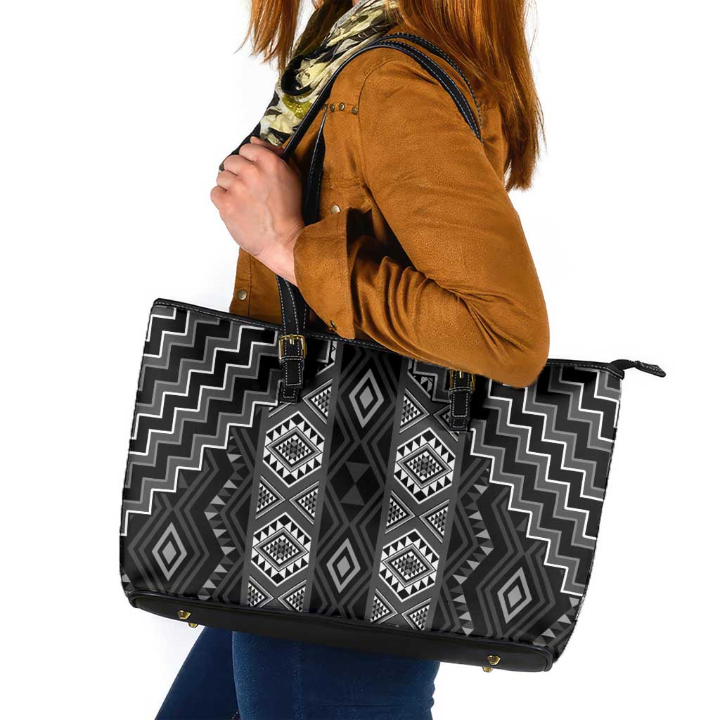 New Zealand Aotearoa Leather Tote Bag Black Poutama With Taniko Pattern LT05 Black - Polynesian Pride