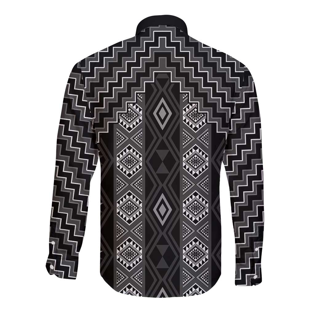 New Zealand Aotearoa Long Sleeve Button Shirt Black Poutama With Taniko Pattern LT05