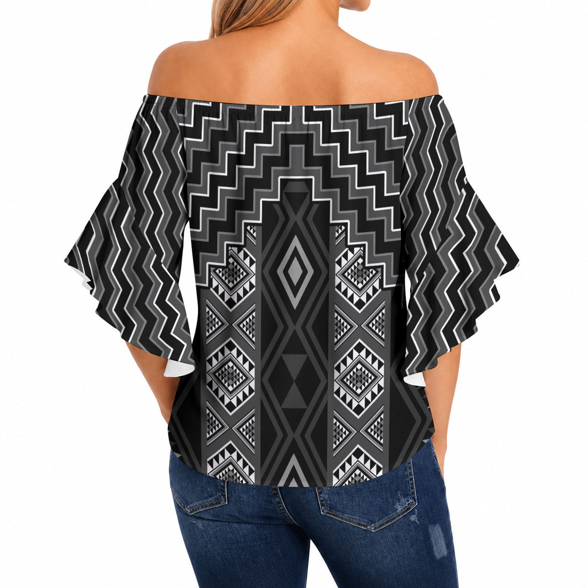 New Zealand Aotearoa Off Shoulder Wrap Waist Top Black Poutama With Taniko Pattern LT05 - Polynesian Pride