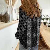 New Zealand Aotearoa Women Casual Shirt Black Poutama With Taniko Pattern LT05