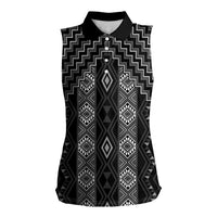 New Zealand Aotearoa Women Sleeveless Polo Shirt Black Poutama With Taniko Pattern LT05 Female Black - Polynesian Pride