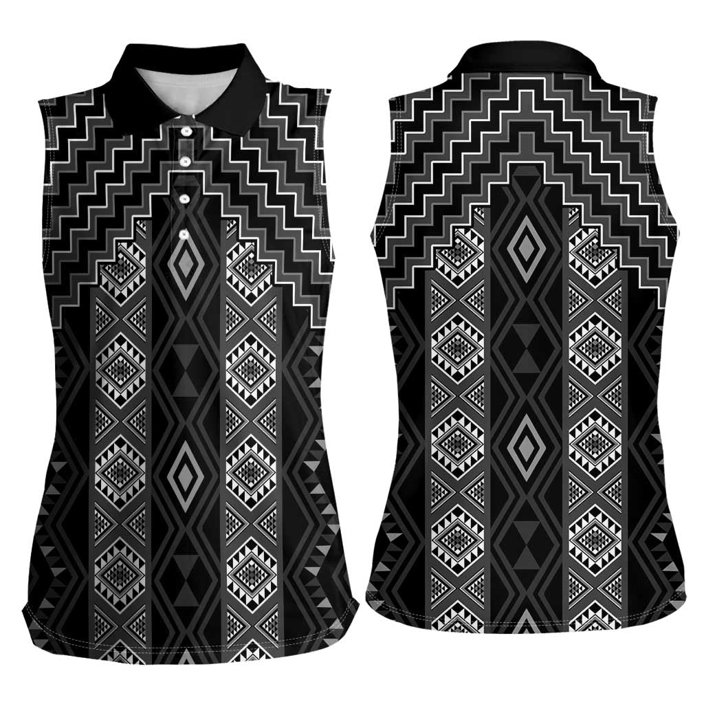 New Zealand Aotearoa Women Sleeveless Polo Shirt Black Poutama With Taniko Pattern LT05 - Polynesian Pride