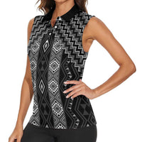 New Zealand Aotearoa Women Sleeveless Polo Shirt Black Poutama With Taniko Pattern LT05 - Polynesian Pride