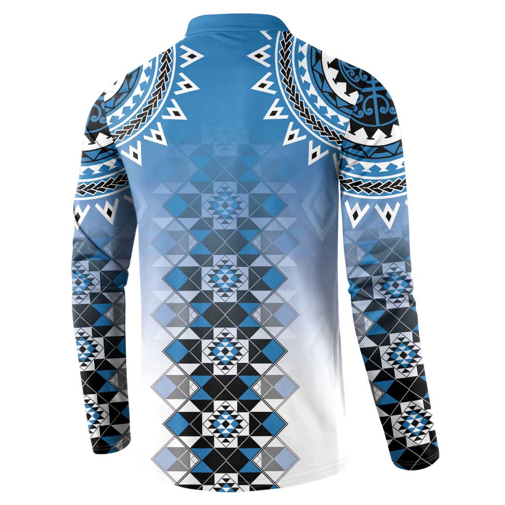 New Zealand Button Sweatshirt Poutama Mix Blue Taniko Inspired Art LT05