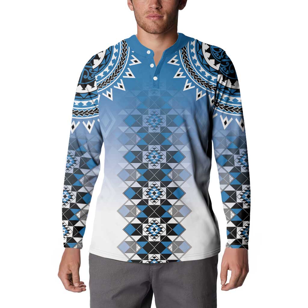 New Zealand Button Sweatshirt Poutama Mix Blue Taniko Inspired Art LT05