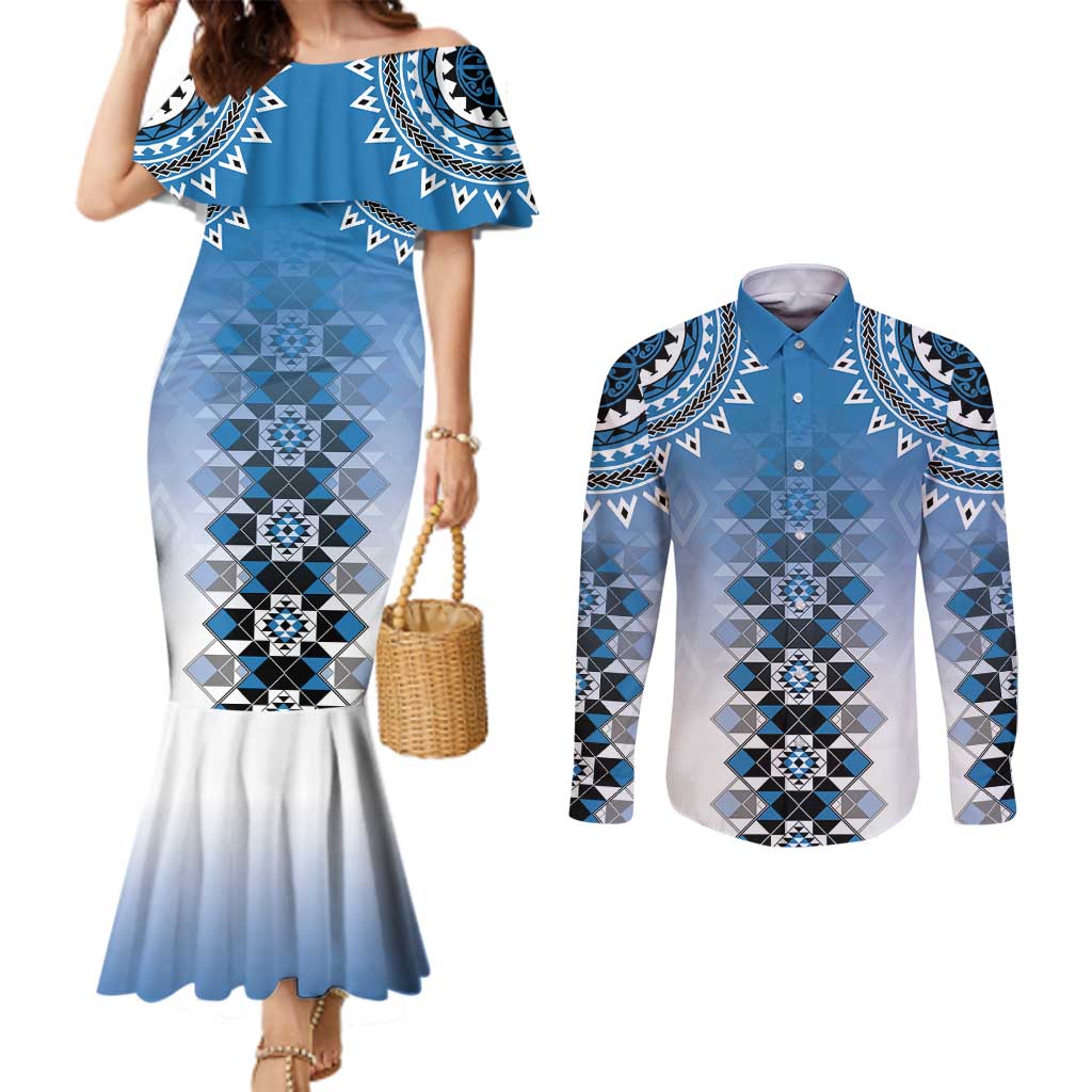 New Zealand Couples Matching Mermaid Dress and Long Sleeve Button Shirt Poutama Mix Blue Taniko Inspired Art LT05