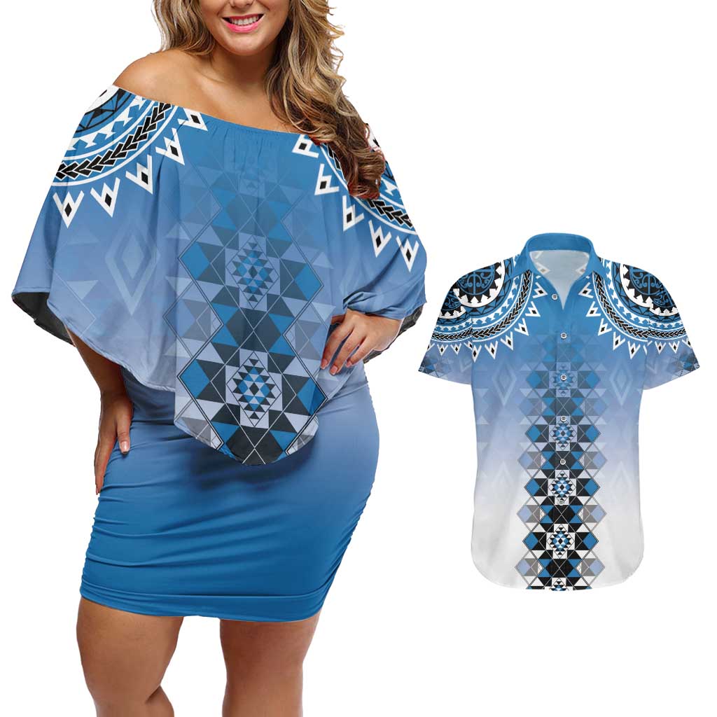 New Zealand Couples Matching Off Shoulder Short Dress and Hawaiian Shirt Poutama Mix Blue Taniko Inspired Art LT05