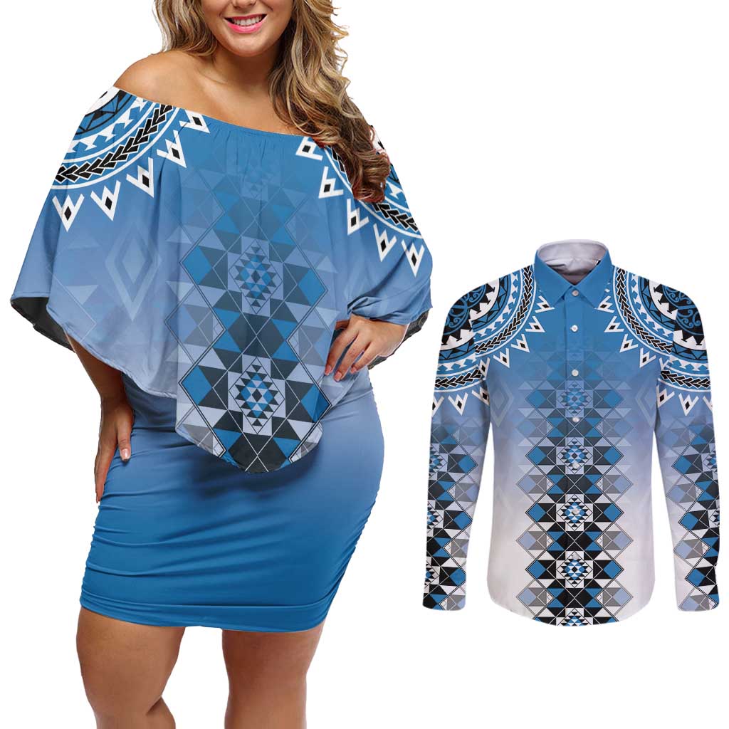 New Zealand Couples Matching Off Shoulder Short Dress and Long Sleeve Button Shirt Poutama Mix Blue Taniko Inspired Art LT05