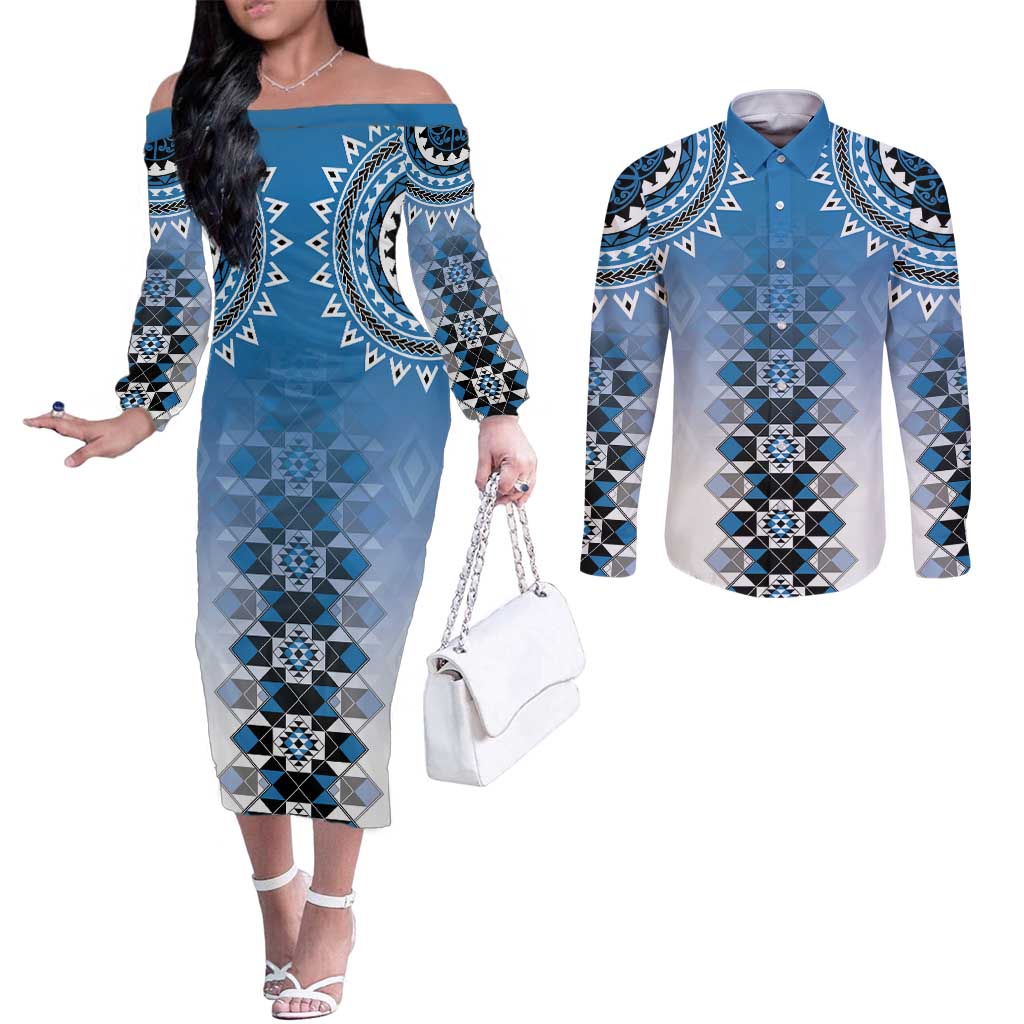 New Zealand Couples Matching Off The Shoulder Long Sleeve Dress and Long Sleeve Button Shirt Poutama Mix Blue Taniko Inspired Art LT05