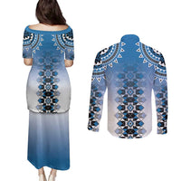 New Zealand Couples Matching Puletasi and Long Sleeve Button Shirt Poutama Mix Blue Taniko Inspired Art LT05