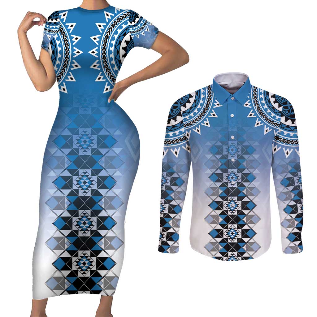 New Zealand Couples Matching Short Sleeve Bodycon Dress and Long Sleeve Button Shirt Poutama Mix Blue Taniko Inspired Art LT05