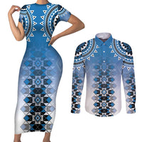 New Zealand Couples Matching Short Sleeve Bodycon Dress and Long Sleeve Button Shirt Poutama Mix Blue Taniko Inspired Art LT05