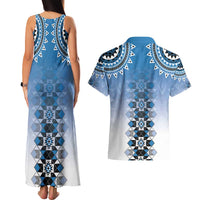 New Zealand Couples Matching Tank Maxi Dress and Hawaiian Shirt Poutama Mix Blue Taniko Inspired Art LT05