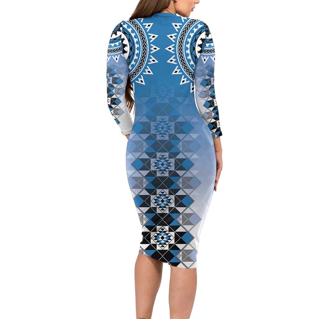 New Zealand Family Matching Long Sleeve Bodycon Dress and Hawaiian Shirt Poutama Mix Blue Taniko Inspired Art LT05 - Polynesian Pride