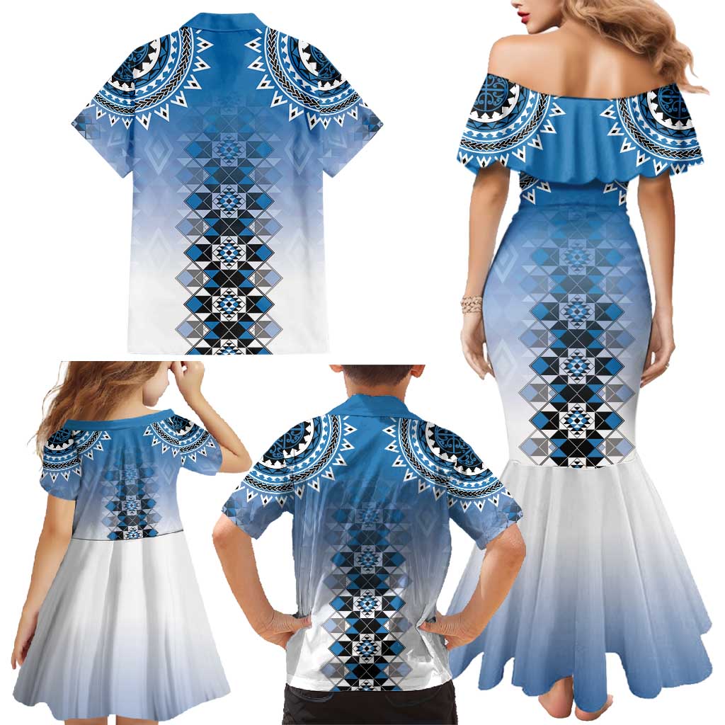 New Zealand Family Matching Mermaid Dress and Hawaiian Shirt Poutama Mix Blue Taniko Inspired Art LT05 - Polynesian Pride
