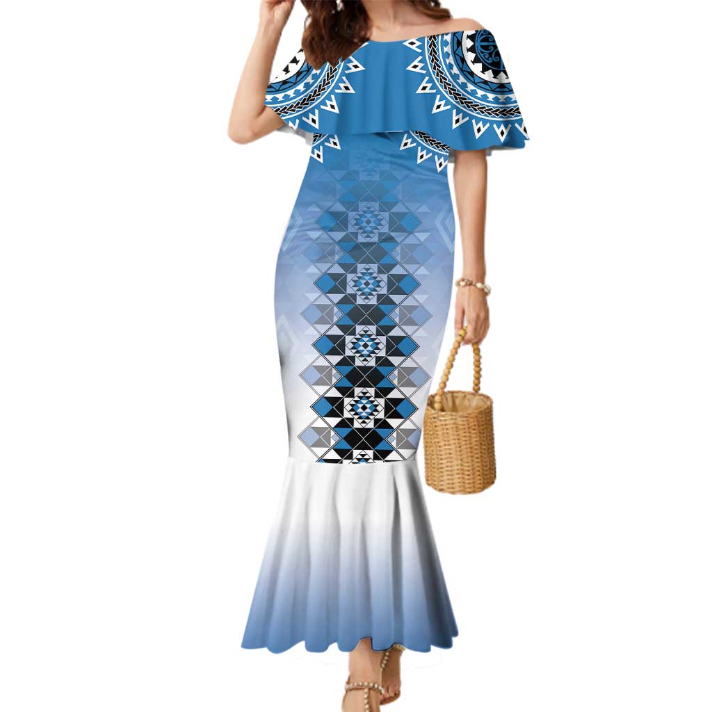 New Zealand Family Matching Mermaid Dress and Hawaiian Shirt Poutama Mix Blue Taniko Inspired Art LT05 Mom's Dress Blue - Polynesian Pride