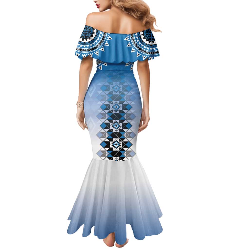 New Zealand Family Matching Mermaid Dress and Hawaiian Shirt Poutama Mix Blue Taniko Inspired Art LT05 - Polynesian Pride