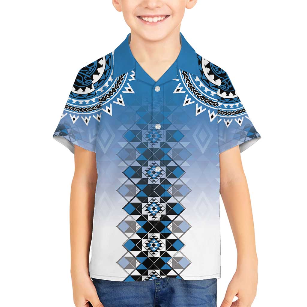 New Zealand Family Matching Off Shoulder Maxi Dress and Hawaiian Shirt Poutama Mix Blue Taniko Inspired Art LT05 Son's Shirt Blue - Polynesian Pride