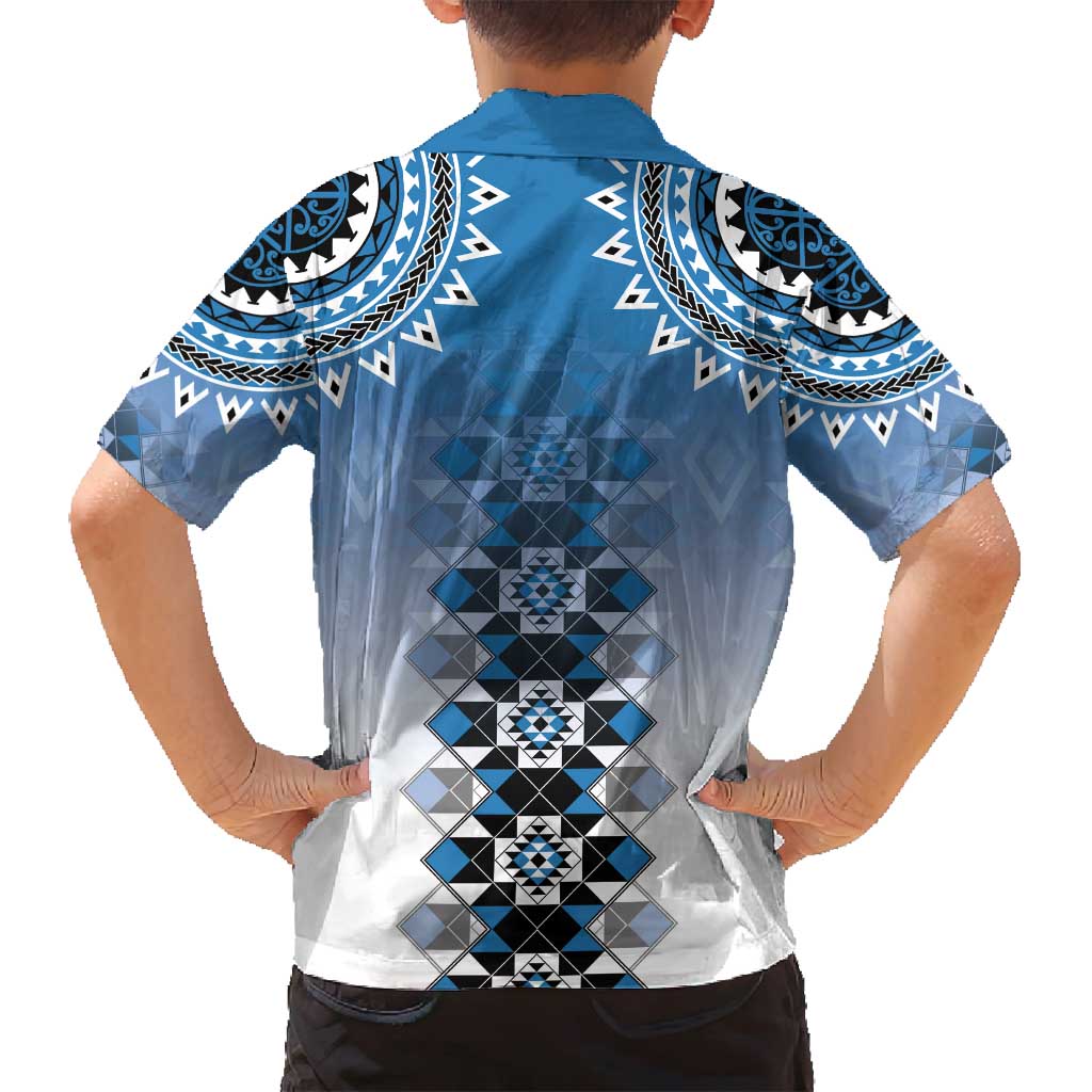 New Zealand Family Matching Off Shoulder Short Dress and Hawaiian Shirt Poutama Mix Blue Taniko Inspired Art LT05 - Polynesian Pride