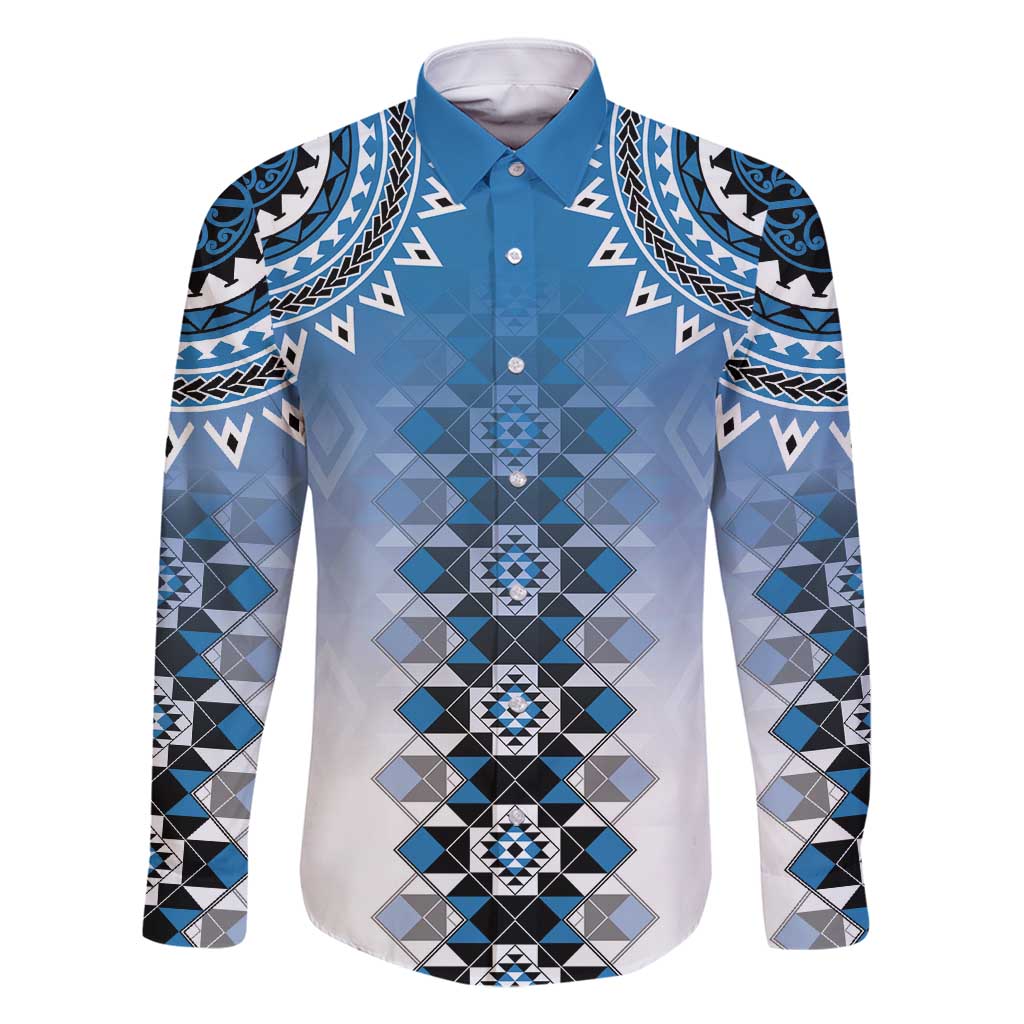 New Zealand Family Matching Off Shoulder Short Dress and Hawaiian Shirt Poutama Mix Blue Taniko Inspired Art LT05 Dad's Shirt - Long Sleeve Blue - Polynesian Pride