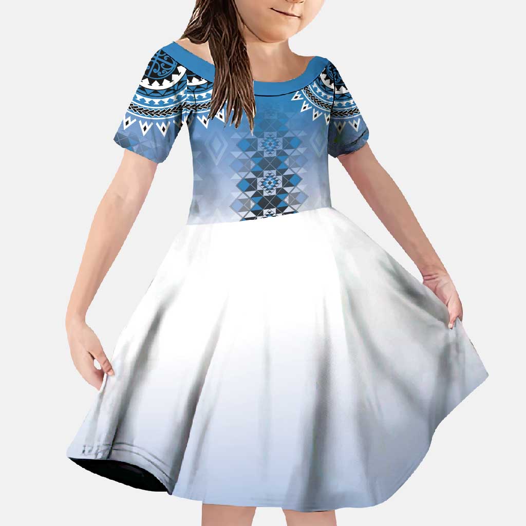 New Zealand Family Matching Short Sleeve Bodycon Dress and Hawaiian Shirt Poutama Mix Blue Taniko Inspired Art LT05 Daughter's Dress Blue - Polynesian Pride