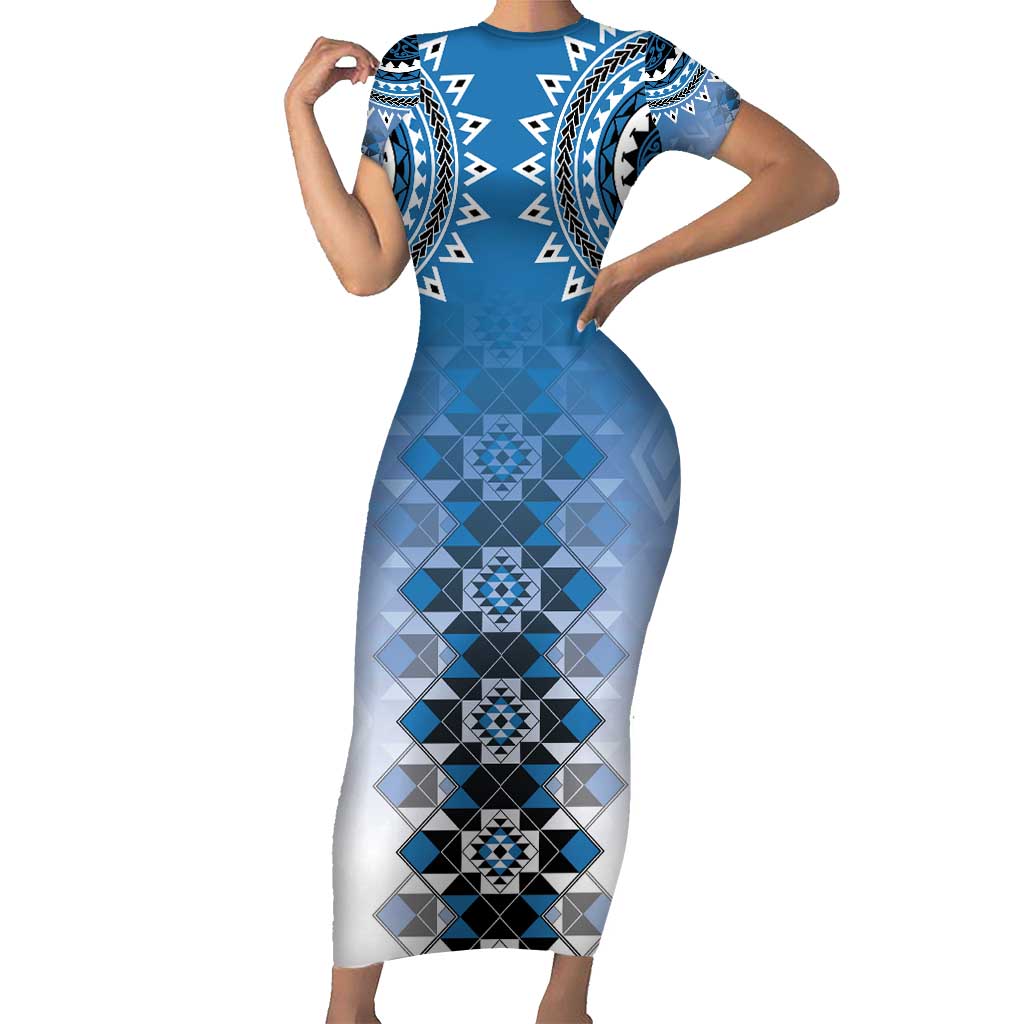 New Zealand Family Matching Short Sleeve Bodycon Dress and Hawaiian Shirt Poutama Mix Blue Taniko Inspired Art LT05 Mom's Dress Blue - Polynesian Pride