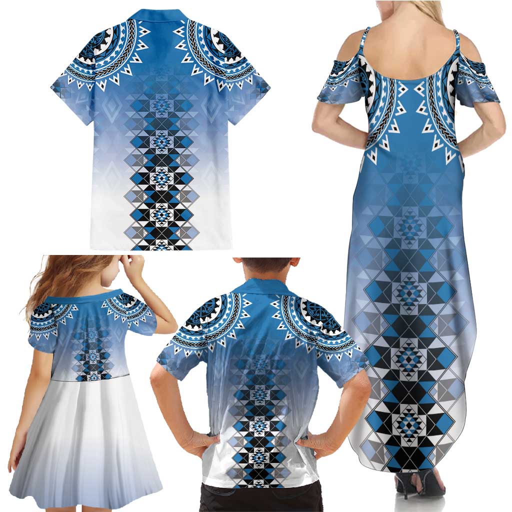 New Zealand Family Matching Summer Maxi Dress and Hawaiian Shirt Poutama Mix Blue Taniko Inspired Art LT05 - Polynesian Pride