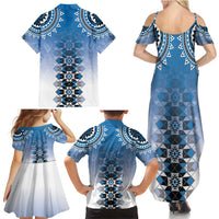 New Zealand Family Matching Summer Maxi Dress and Hawaiian Shirt Poutama Mix Blue Taniko Inspired Art LT05 - Polynesian Pride